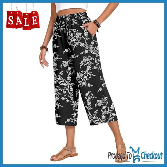 High Waist Wide Leg Capri Pants Drawstring Casual Lounge Palazzo Trousers - Picture 2 of 8